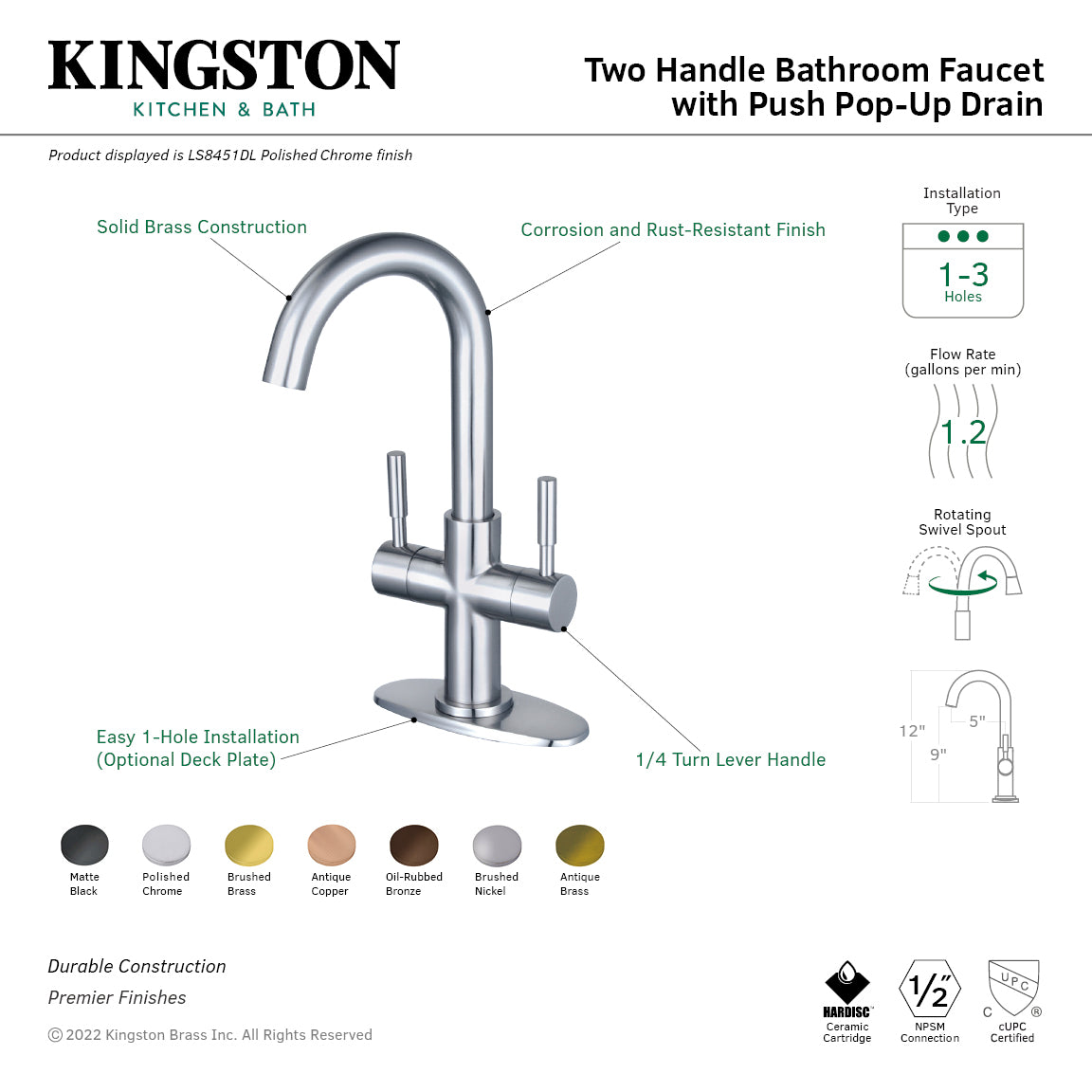 Kingston Sona LS8450DL - Concord Two-Handle 1-Hole Bathroom Faucet with Deck Plate and Push Pop-Up Drain, Matte Black — thumbnail 2